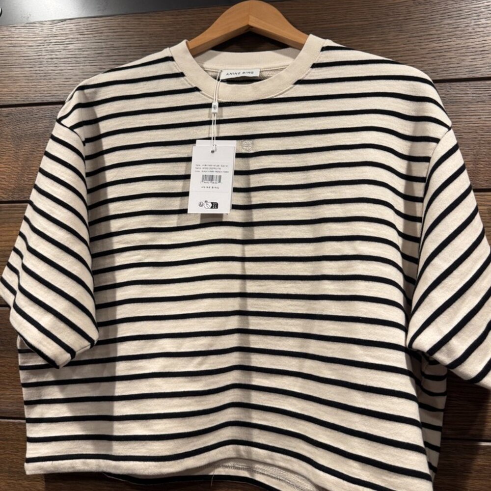 Anine Bing Black and Cream Striped Short Sleeve Tee